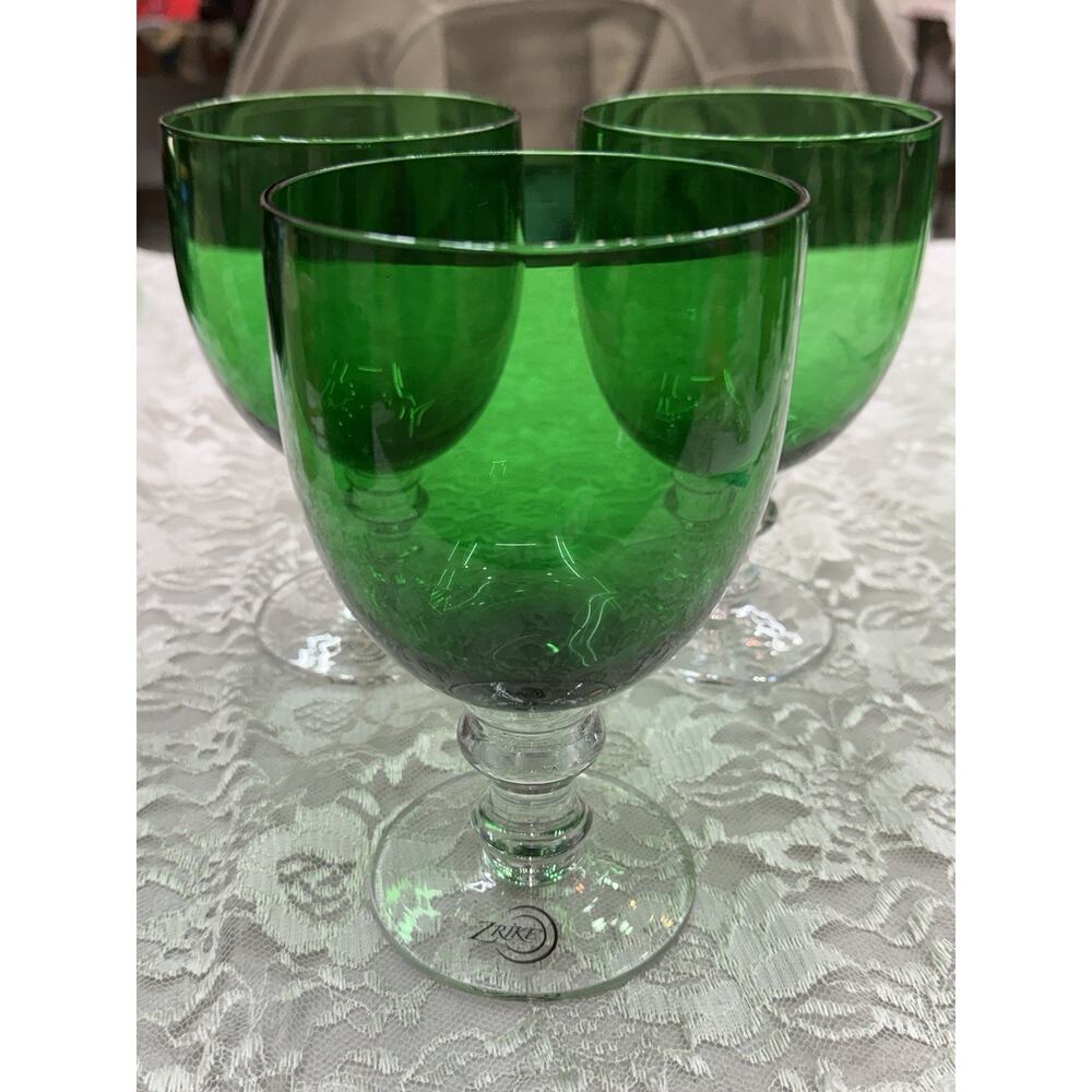 Zrike Set Of 3 Crystal Green Water Wine Goblets Hand Blown Pontil 6.5” Tall